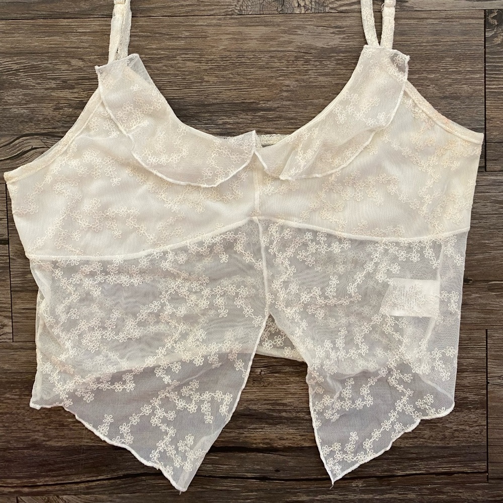 Cream Crop Top with Polka Dot Mesh and Sweetheart Neckline